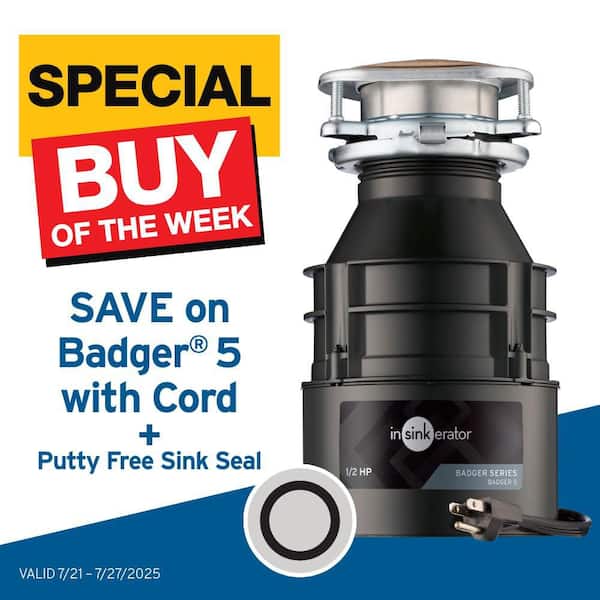 Badger 5, 1/2 HP Continuous Feed Kitchen Garbage Disposal with Power Cord & Putty-Free Sink Seal, Badger Series