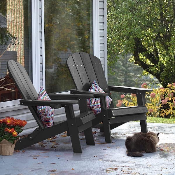Black Plastic Outdoor Folding Adirondack Chair with Cup Holder (2-Pack)
