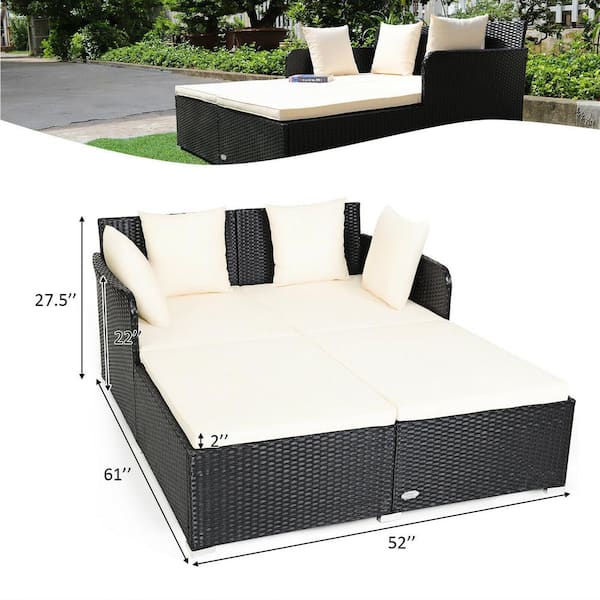 Angeles Home Cushioned Wicker Rattan Outdoor Daybed Thick Pillows Lounge Chair with White Cushion