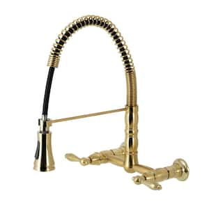 Heritage 2-Handle Wall Mount Pull Down Sprayer Kitchen Faucet in Brushed Brass