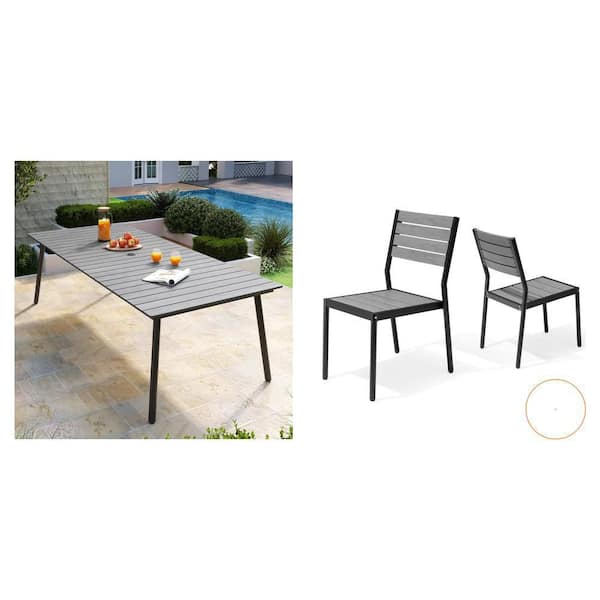 94.5 in. Aluminum Dining Table with Wood-Like Top and Stackable Dining Chairs (Set of 8)