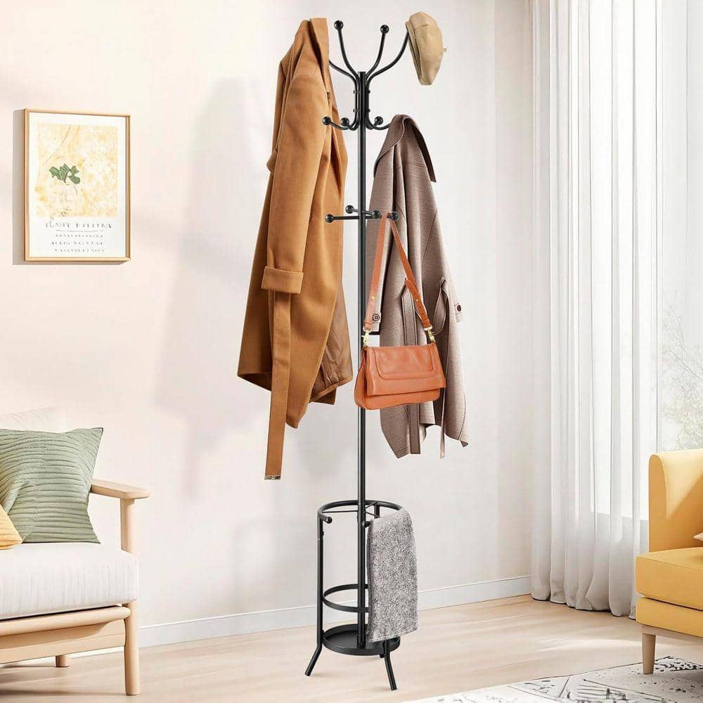 Freestanding Coat Rack Black Metal Umbrella Stand with 12-Hooks