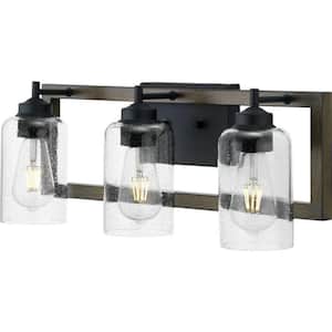 Truxel 22 in. 3-Light Matte Black Vanity Light with Walnut Wood Accents and Clear Seeded Glass Shades