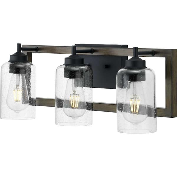 Progress Lighting Truxel 22 in. 3-Light Matte Black Vanity Light with Walnut Wood Accents and Clear Seeded Glass Shades