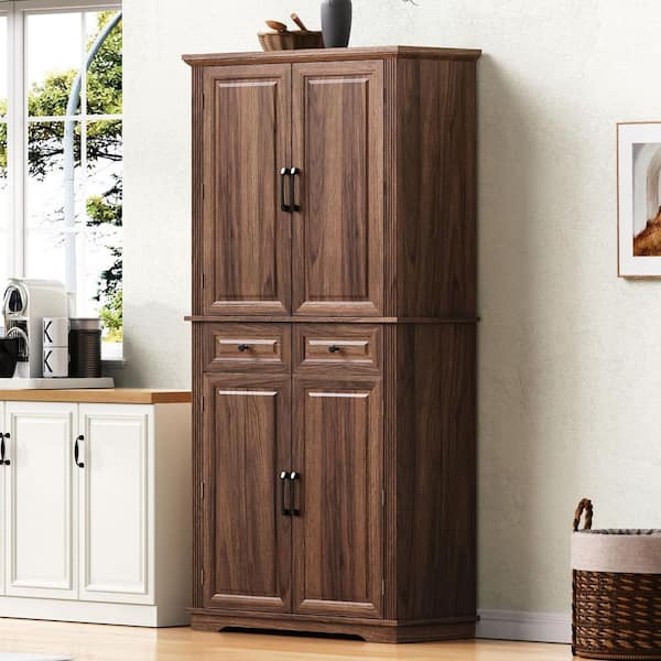 32 in. W x 16 in. D x 71 in. H Freestanding Farmhouse Brown Linen Cabinet with 3 Pull Out Cabinet Organizers