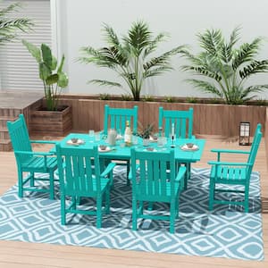 Hayes 7-Piece HDPE Plastic All Weather Outdoor Patio Trestle Table Dining Set with Armchairs in Turquoise