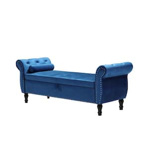 63 in. Blue Velvet Rectangular Sofa Stool Buttons Tufted Nailhead Trimmed Ottoman Solid Wood Legs with 1 Pillow
