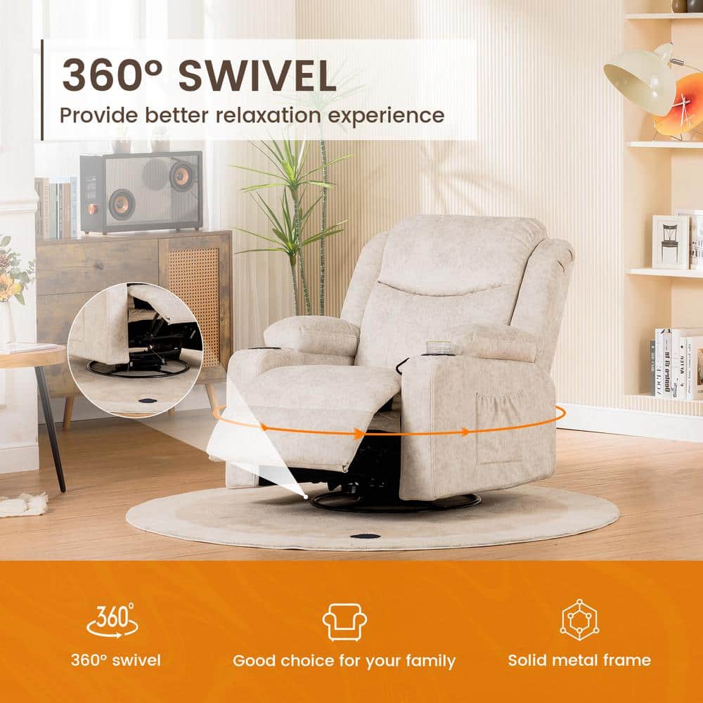 Cream White Fabric Swivel Recliner with Massage and Heat