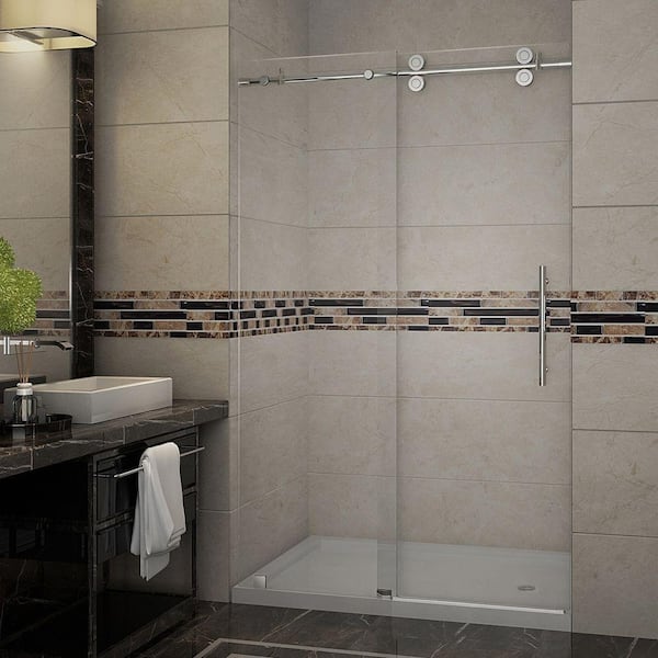Aston Langham 48 in. x 77.5 in. Completely Frameless Sliding Shower Door with Base and Right Drain in Stainless Steel