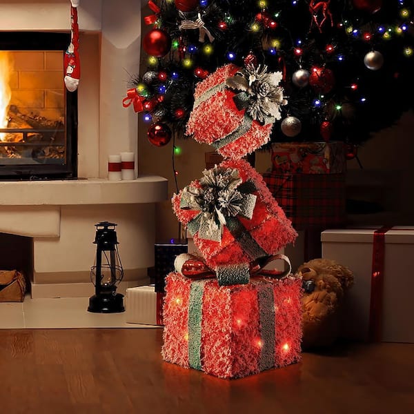 LuxenHome 31.89 in. H Red Frosted Gift Boxes with Battery Operated