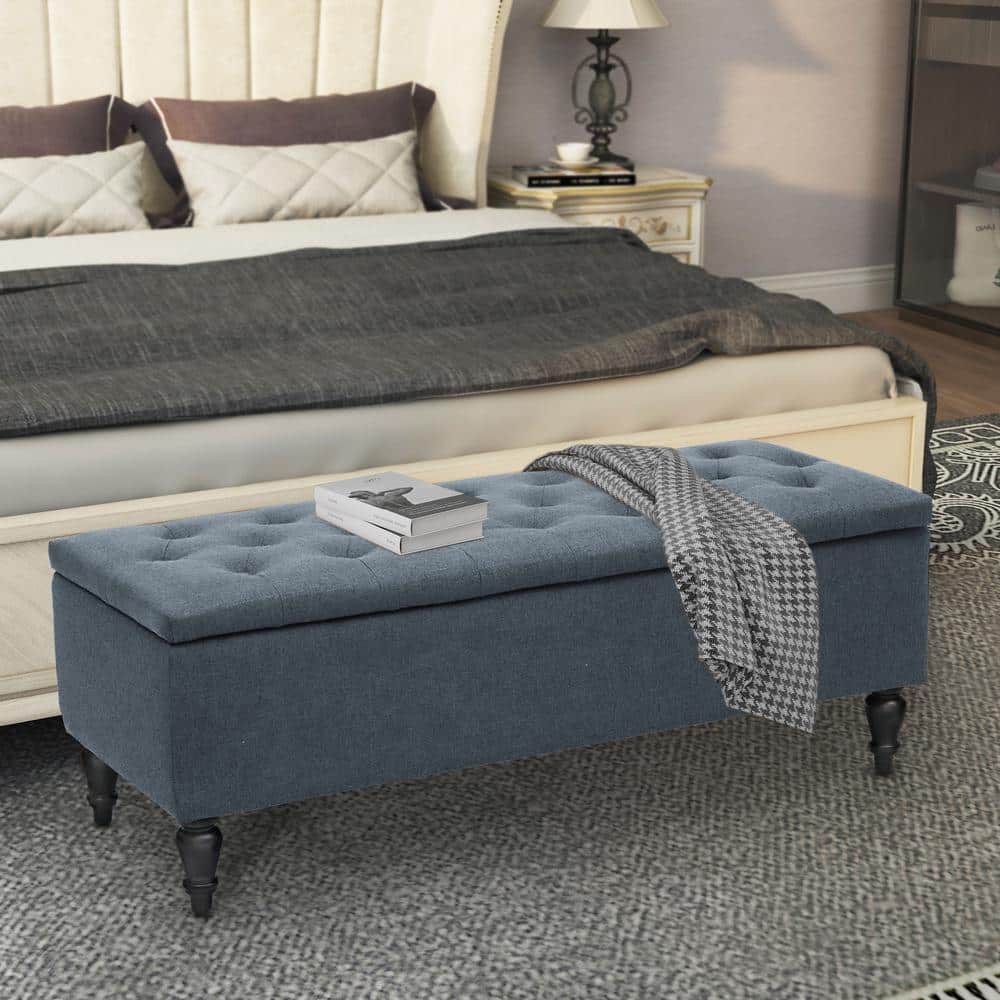 45 in. W x 17 in. D x 17 in. Denim Blue Upholstered Flip Top Storage Bench with Turn Solid Wood Legs