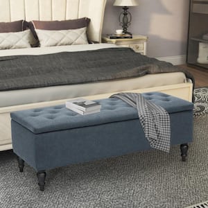 45 in. W x 17 in. D x 17 in. Denim Blue Upholstered Flip Top Storage Bench with Turn Solid Wood Legs