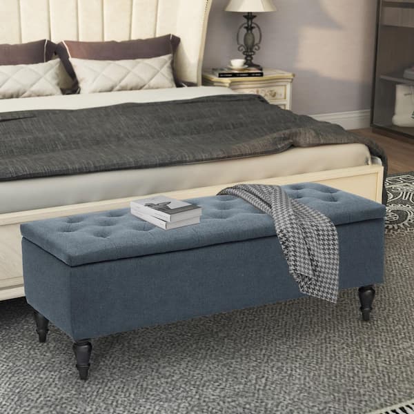 Maypex 45 in. W x 17 in. D x 17 in. Denim Blue Upholstered Flip Top Storage Bench with Turn Solid Wood Legs