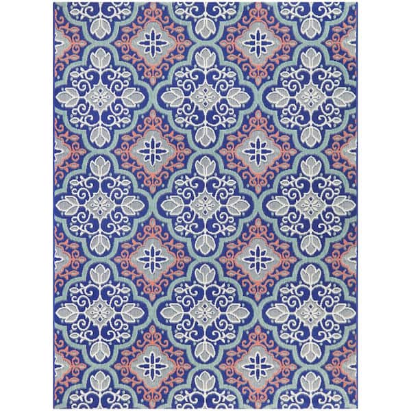 Hampton Bay Star Moroccan Navy/Coral 5 ft. x 7 ft Floral Indoor/Outdoor Patio Area Rug