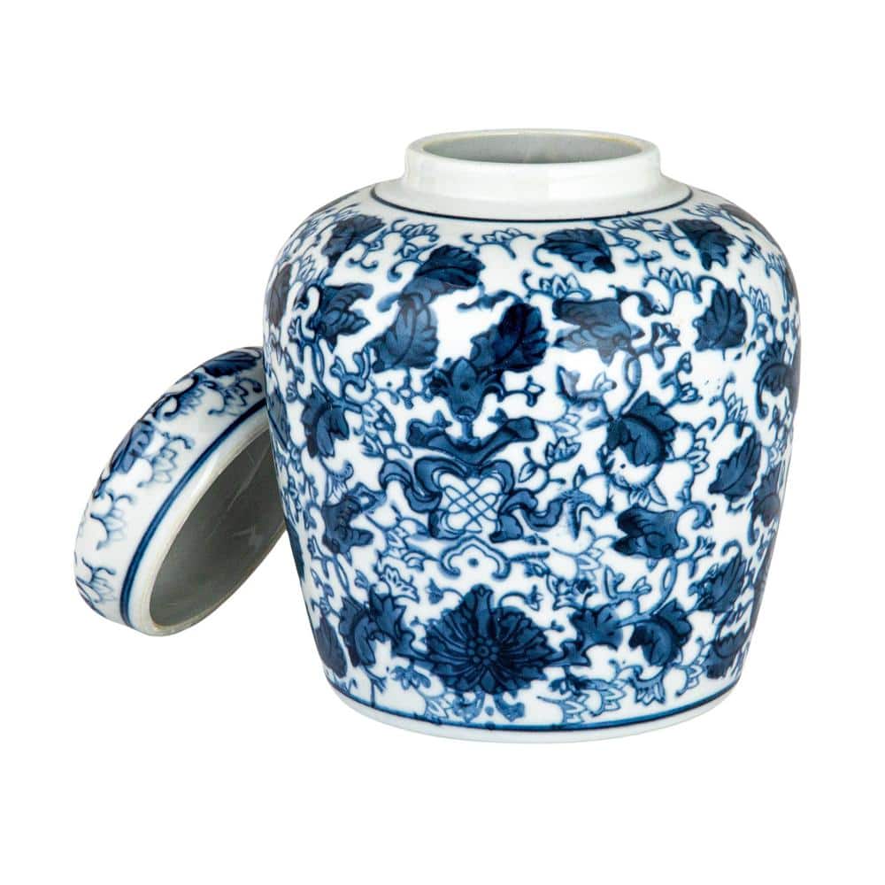 Blue and White Ceramic Ginger Jar with Lid, 6.5"