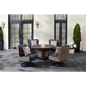 Hazelhurst 5-Piece Brown Wicker Outdoor Patio Fire Pit Seating Set with CushionGuard Sky Blue Cushions