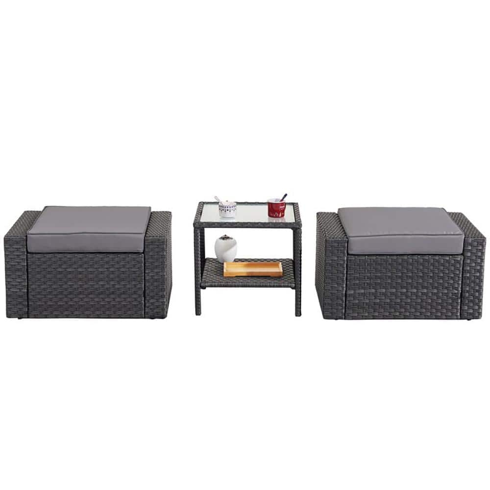 Black Wicker Outdoor Ottomans Patio Conversation Sets with Gray Cushions an