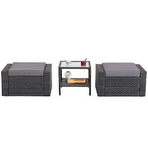 Black Wicker Outdoor Ottomans Patio Conversation Sets with Gray Cushions and Glass Coffee Table (2-Pack)