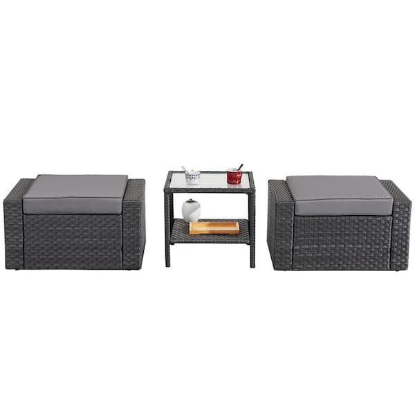 Anvil Black Wicker Outdoor Ottomans Patio Conversation Sets with Gray Cushions and Glass Coffee Table (2-Pack)