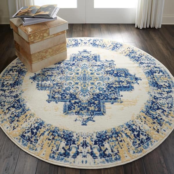 Grafix White 5 ft. x 5 ft. Persian Medallion Transitional Round Rug