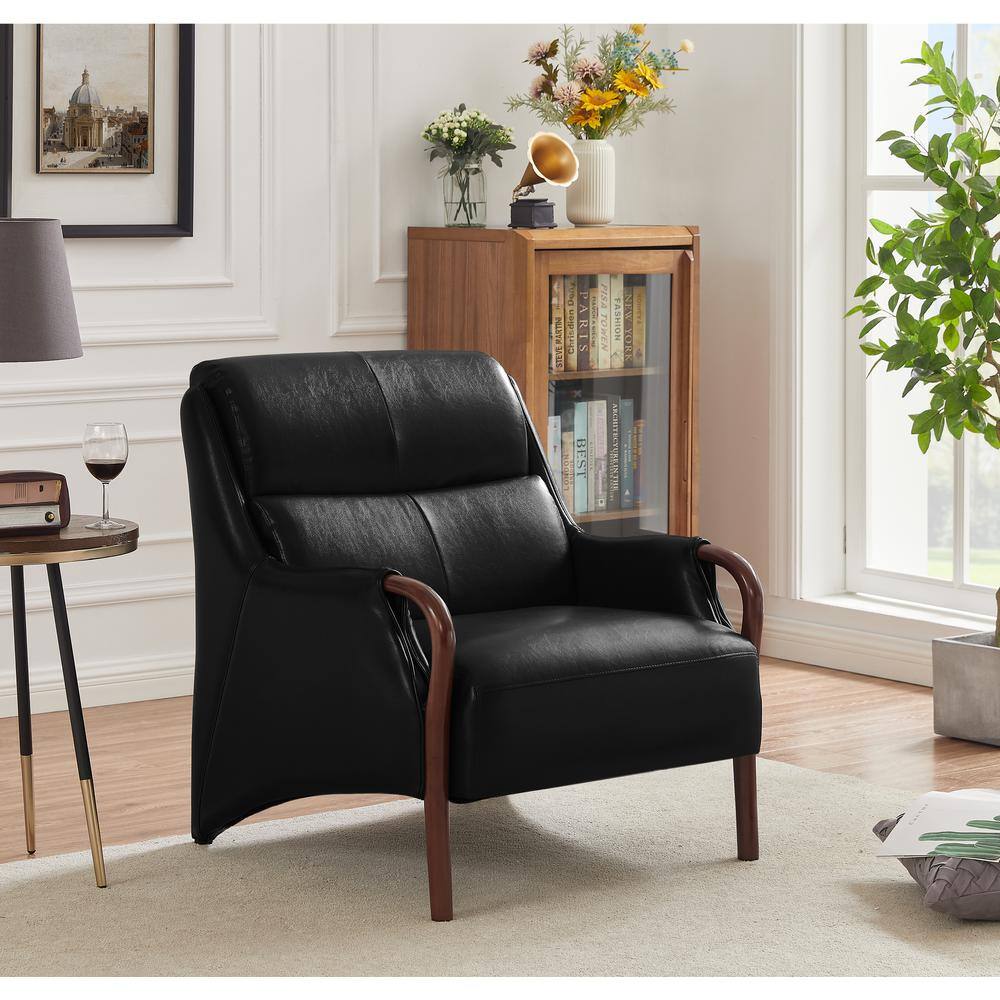KINWELL Black Leather Arm Chair with Wood Frame BSCHX8115BK1 The