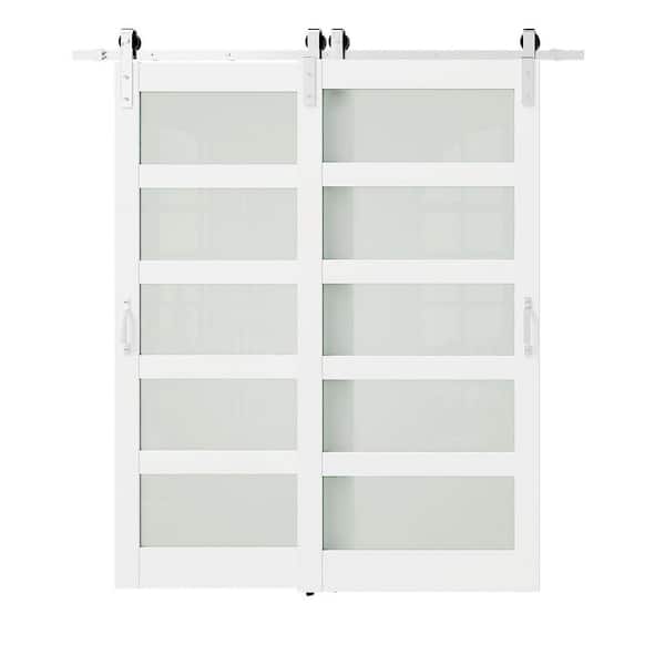 72 in. x 84 in. Frosted Glass, Double 5 Lites, White, MDF, Brushed Nickel Bypass Sliding Barn Door with Hardware Kit