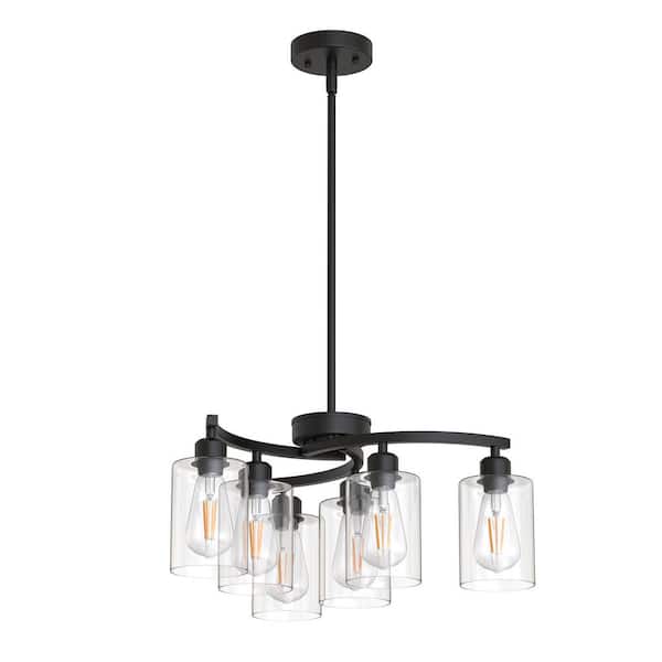 6-Light Industrial Black Chandelier with E26 and Clear Glass Shades Modern Industrial Hanging Light Fixture for Kitchen