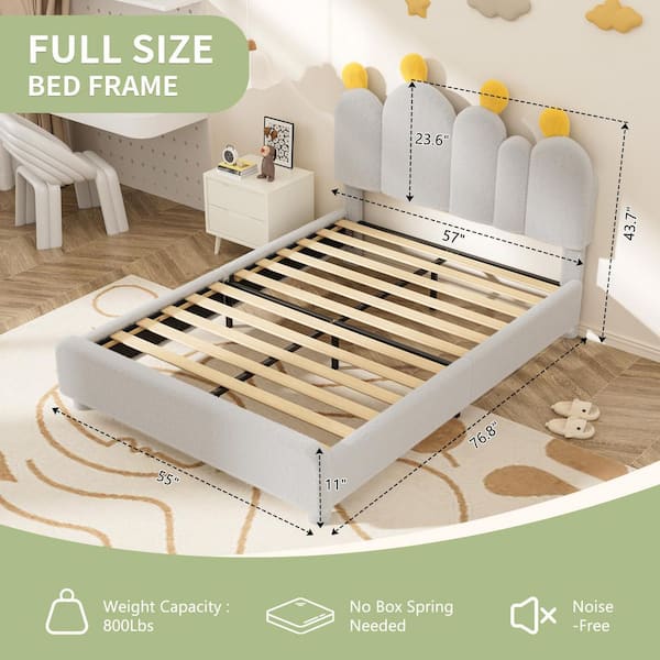 Full Size Gray Boucle Bed with Headboard, Kid Cactus Upholstered Platform Bed, Soft Rounded Corners, Solid Wood Slats