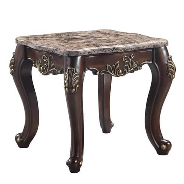 Acme Furniture Ragnar 27 in. Cherry Square Marble End Table with Marble Top and KD Legs