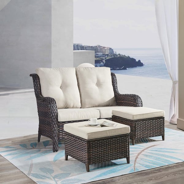 Opohoro ArcoBay 3-Piece Brown Wicker Outdoor Loveseats Patio Settees with Beige Cushions and Ottomans