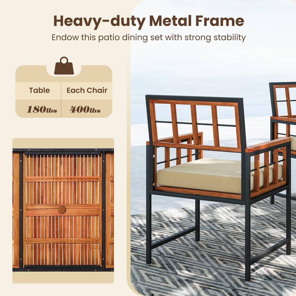 7-Piece Beige Cushion Acacia Wood Outdoor Dining Set