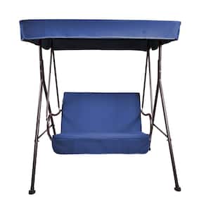 2-Person Metal Outdoor Porch Patio Swing Chair with Removable Blue Cushion and Convertible Canopy