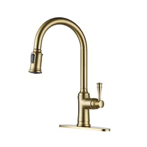 2-Spray Patterns Single Handle Pull Down Sprayer Kitchen Faucet with Deckplate and Water Supply Hoses in Brushed Gold
