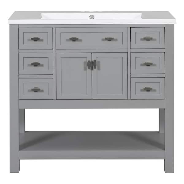 Unbranded 35.20 in. W x 17.70 in. D x 33.10 in. H Bath Vanity Cabinet without Top in Gray, with 2-Soft Closing Doors and 6 Drawers