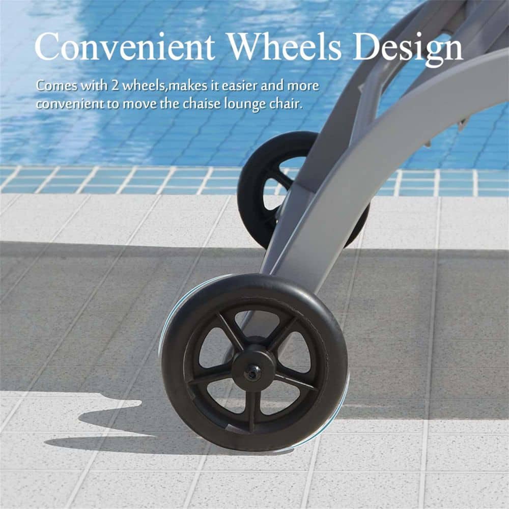 Close-up of the convenient wheels design on an outdoor lounge chair.