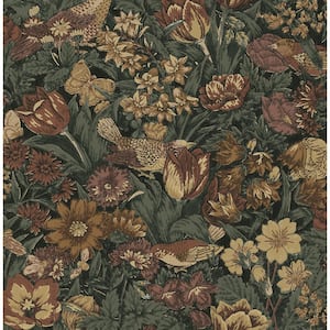 Mahogany and Graphite Bird Floral Prepasted Paper Wallpaper Roll