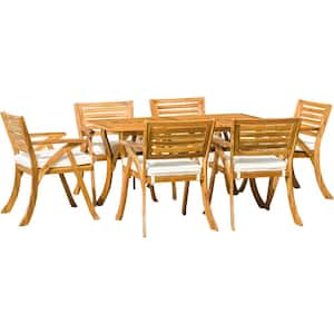 7-Piece Acacia Wood Outdoor Dining Set with Beige Cushions, Patio Furniture Set, Weather resistant