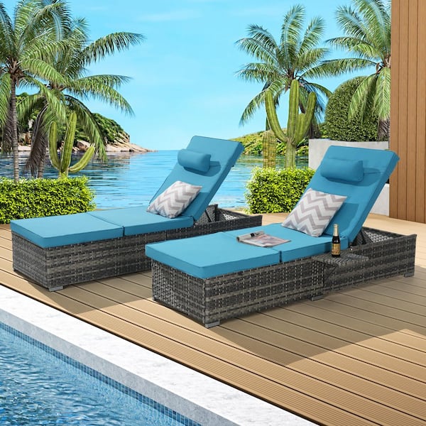 Unbranded Brown Wicker Outdoor Patio Chaise Lounge Chair, Lying in bed with Adjustable Backrest and Removable Blue Cushions