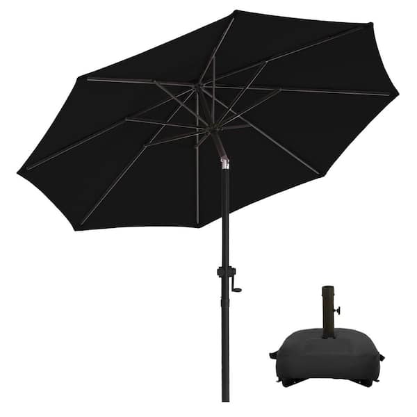 PASAMIC 9 ft. Market Patio Umbrella with Base and Push Button Tilt in Black