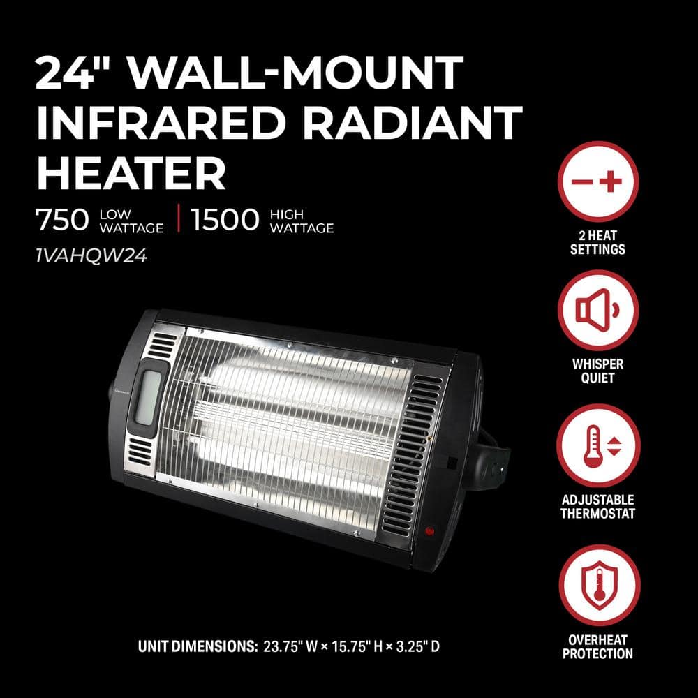 VisionAir Black 24" Infrared Wall Mount Radiant Heater with Thermostat