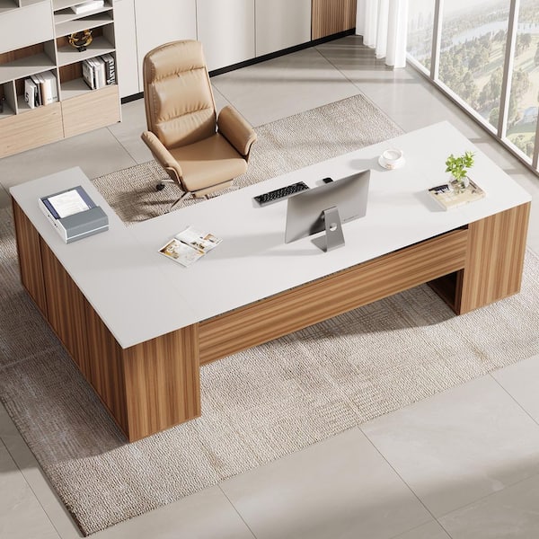 BYBLIGHT Capen 86 in. White and Brown Super Spacious L-Shaped