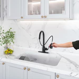 Single Handle Pull Down Sprayer Kitchen Faucet with Three Functions Spray Head in Matte Black