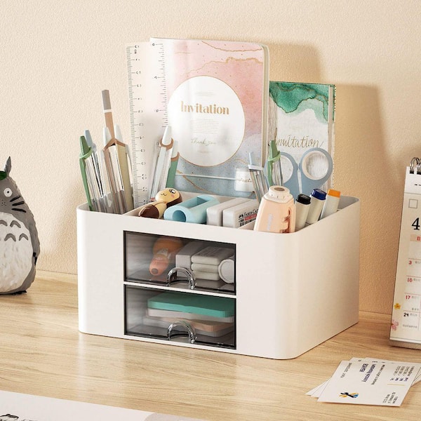 White Plastic Multi-Functional Pen Organizer w/ 2-Drawers 5-Compartments Office Art Supplies 8.2 in. x 6.3 in. x 3.9 in.