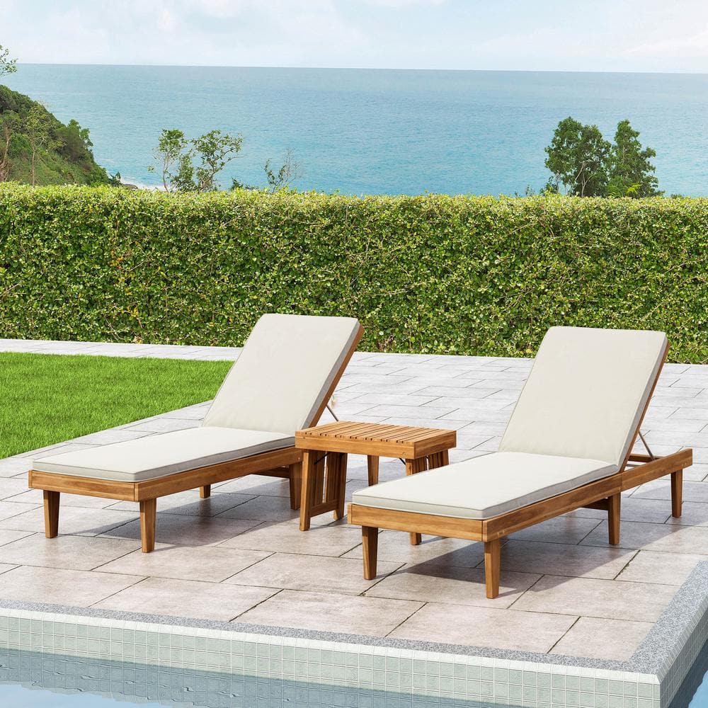 Noble House Nadine Teak Brown 3-Piece Wood Patio Conversation Set with Cream Cushion