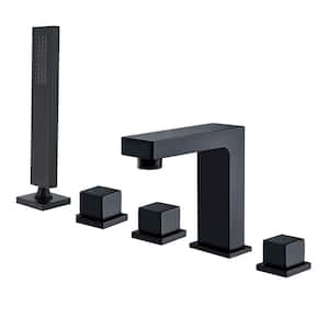 3-Handle Deck-Mount Roman Tub Faucet with Hand Shower Modern 5-Hole Brass Bathtub Fillers in Matte Black