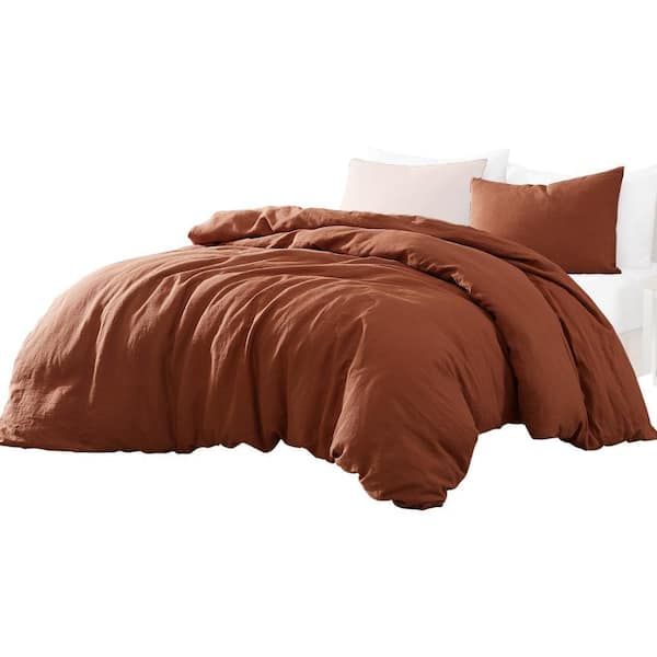 Benjara Edge 3- Piece Rust Orange Solid Print Linen Twin Comforter Set