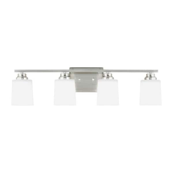 Generation Lighting Vinton 29 in. 4-Light Brushed Nickel Bathroom Vanity Light with Etched White Glass Shades and LED Light Bulbs