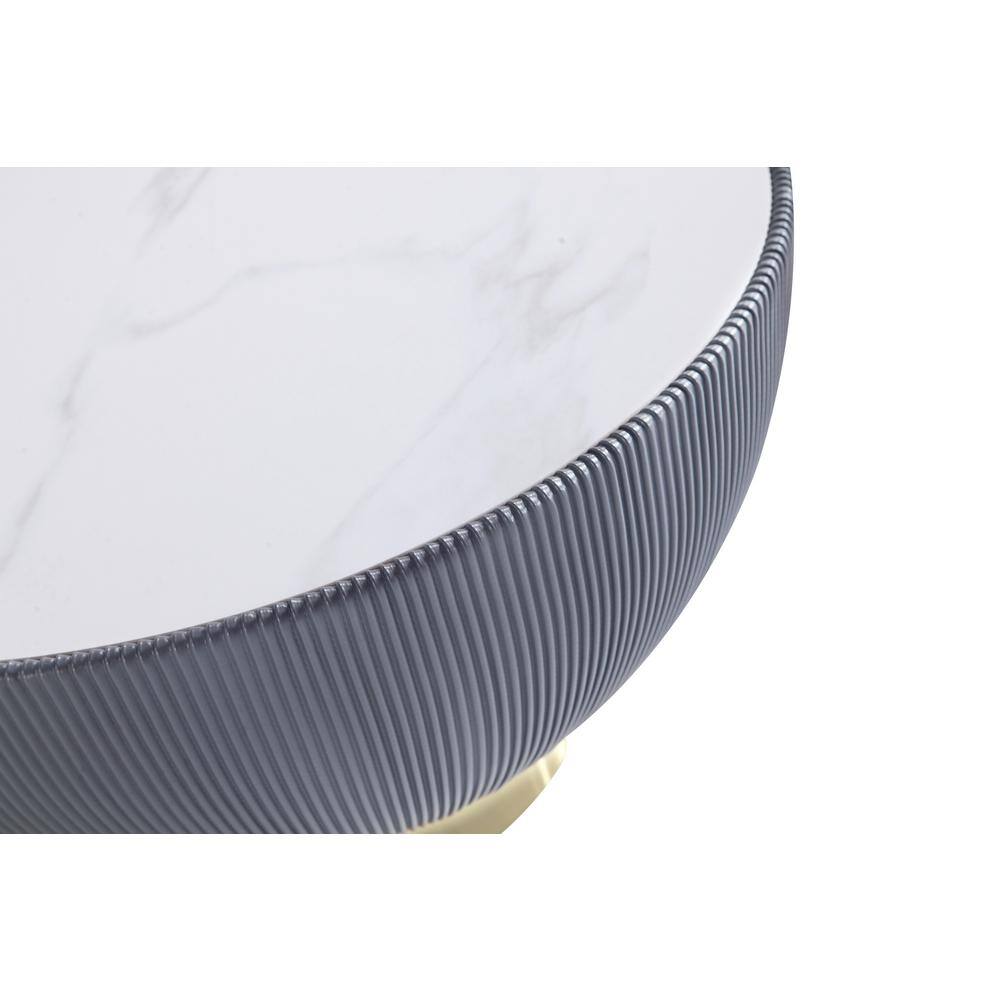 Gray Round Marble Coffee Table with Gold Base and Leatherette Pleating