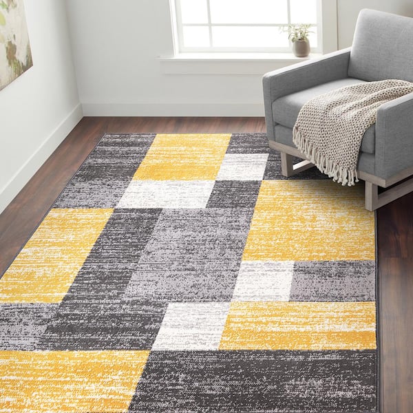 Modern Mustard Geometric Rug Small Large Yellow Grey Living Room Rugs  Carpet Mat