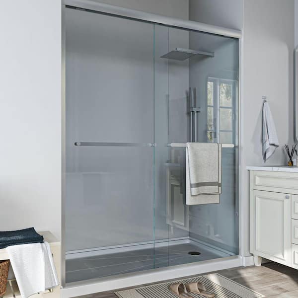 56 to 60 in. W x 58 in. H Sliding Framed Tub Door in Brushed Nickel with Clear Glass